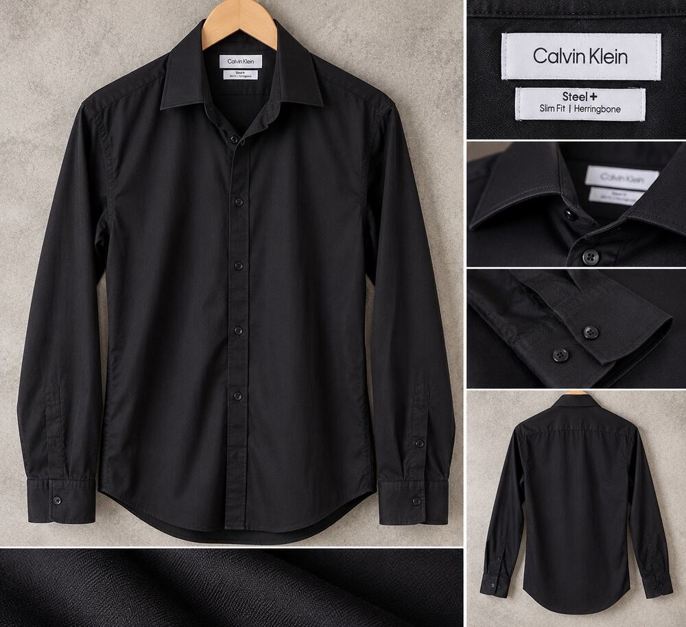 Calvin Klein Steel+ Men’s Black Herringbone Slim Fit Dress Shirt M 32/33